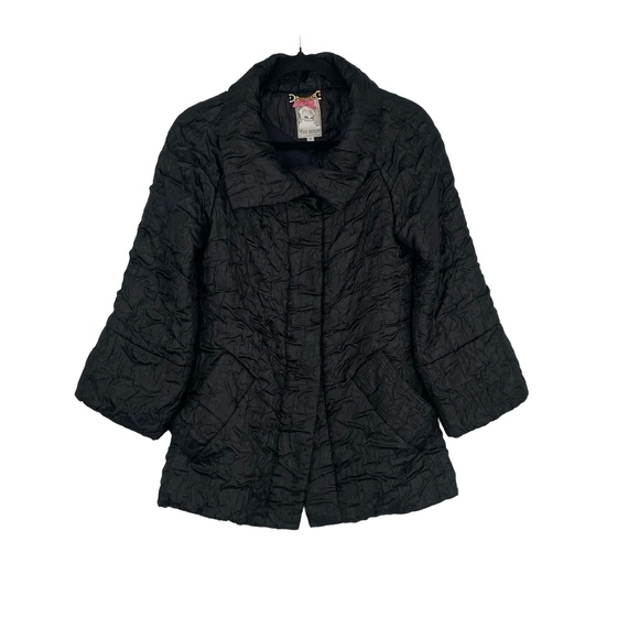 Yoana Baraschi Womens Black Quilted Textured Collared Crinkle Jacket Coat Size S